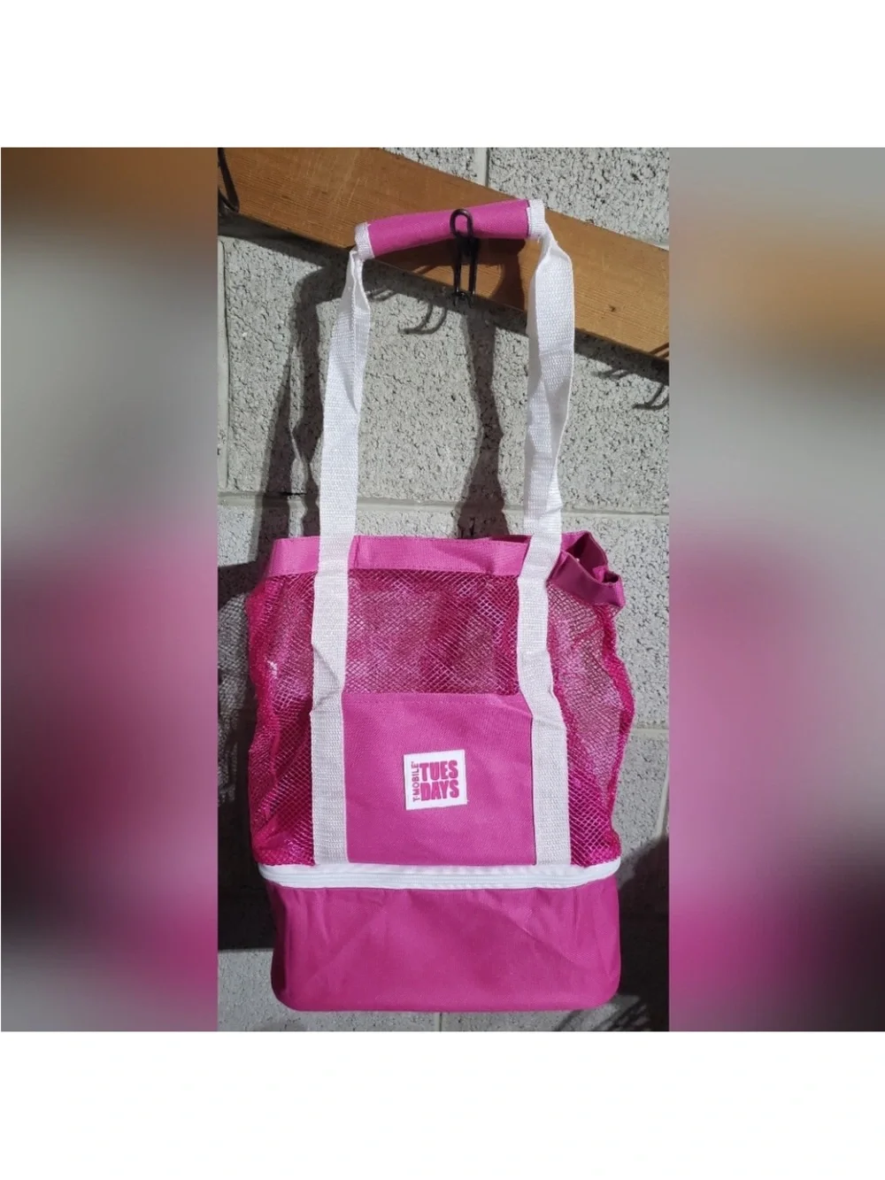Pink Mesh Tote Bag with White Handles